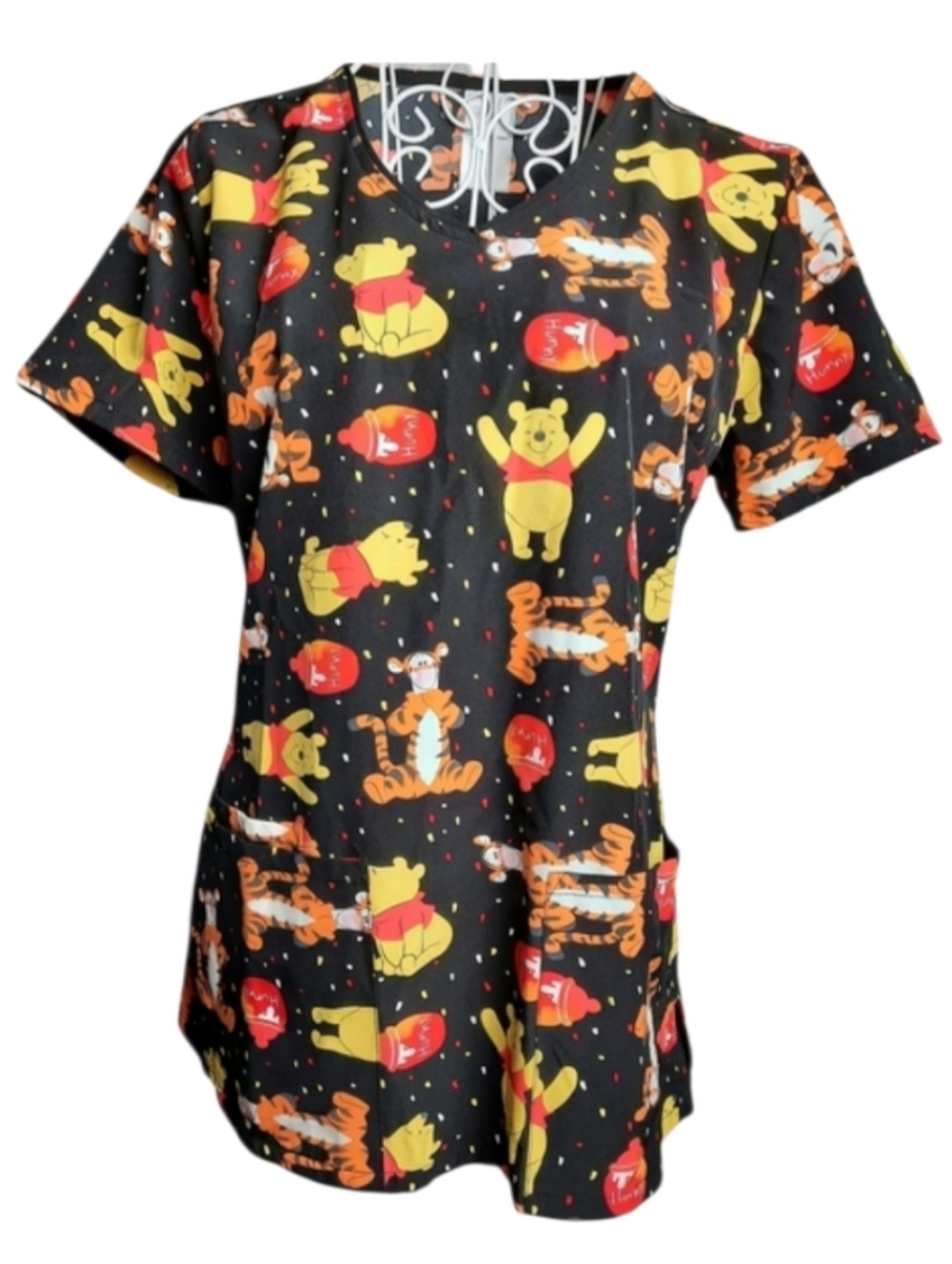 Disney Pooh Tigger Stretch Scrub Top SZ XS